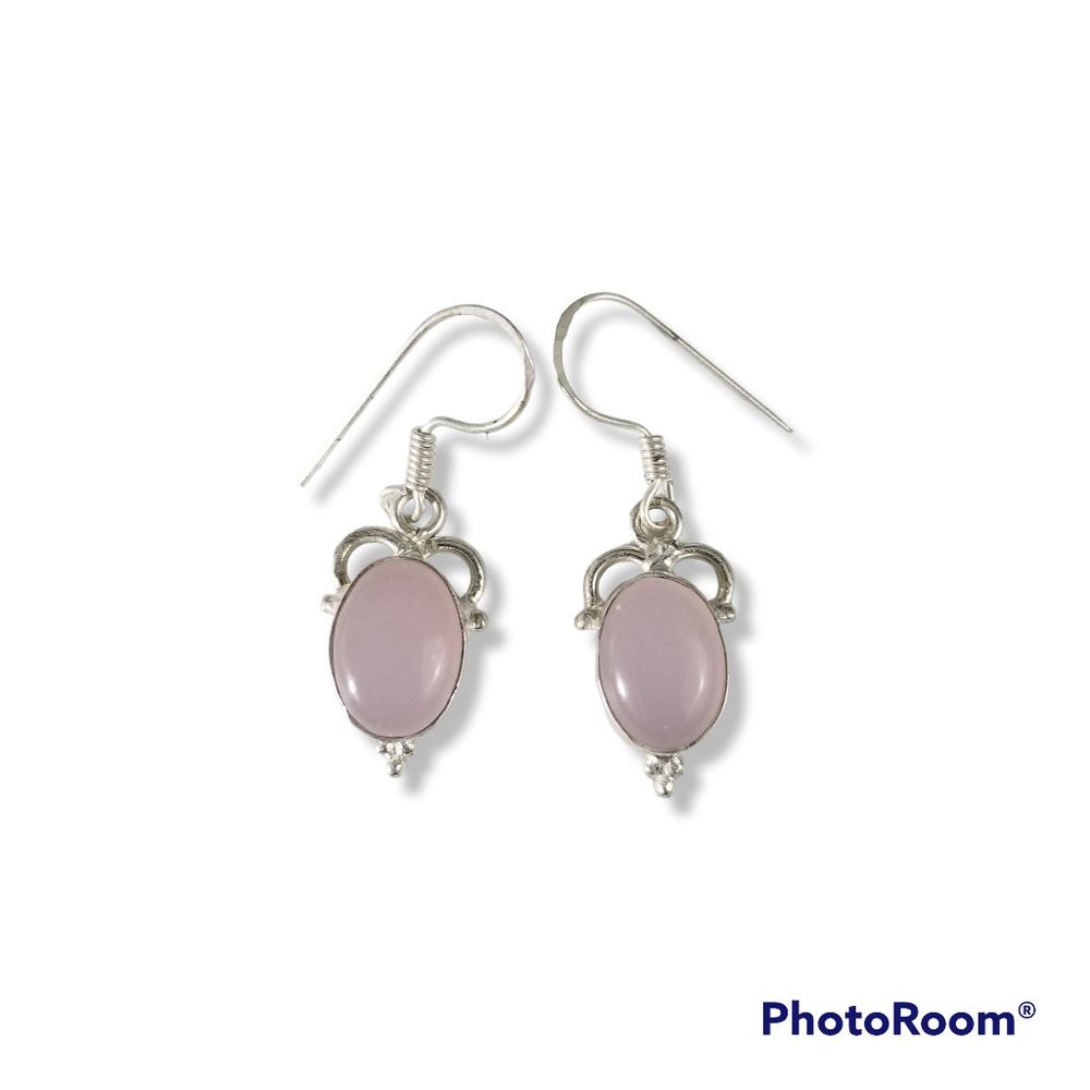 Rose Quartz Drop/Dangle Earrings Oval Cabochon Sterling Silver